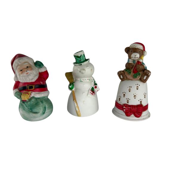 Vintage Christmas Ceramic Bell Trio Santa Snowman Teddy Bear Figurines - Picture 9 of 9